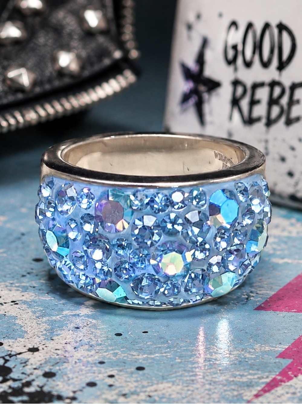 Vintage Icy Blue JCM Brass Ring with Malaysian Crystals Size 8